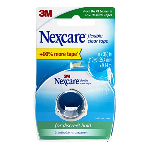 Nexcare Flexible Clear First Aid Tape, Clear and Stretchy Design Conforms To Hard To Tape Areas, 1 in x 10 yd, 1 Roll with Dispenser