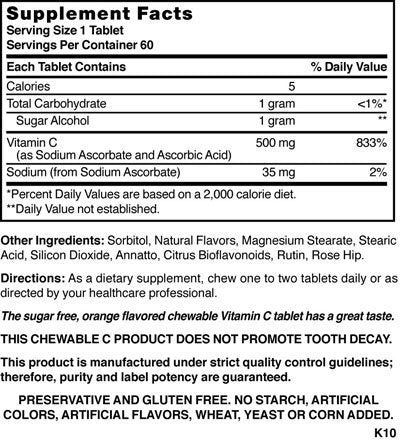 Chewable Vitamin C. Great Tasting Low Sugar Essential Vitamin, Does not Promote Tooth Decay. 500mg, 60 Tablets.