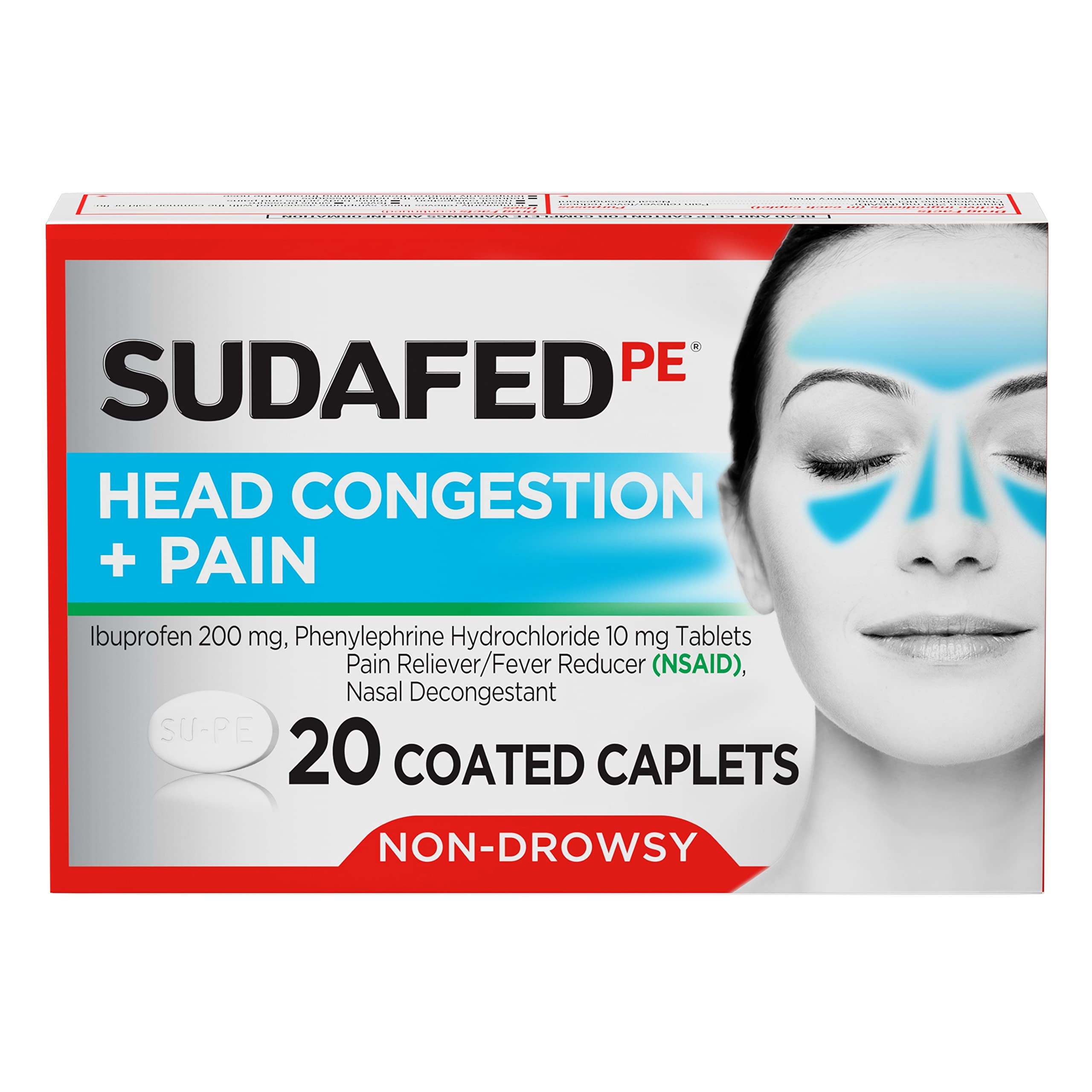 Sudafed PE Head Congestion + Pain Relief Caplets, Ibuprofen & Phenylephrine HCl, 20 ct