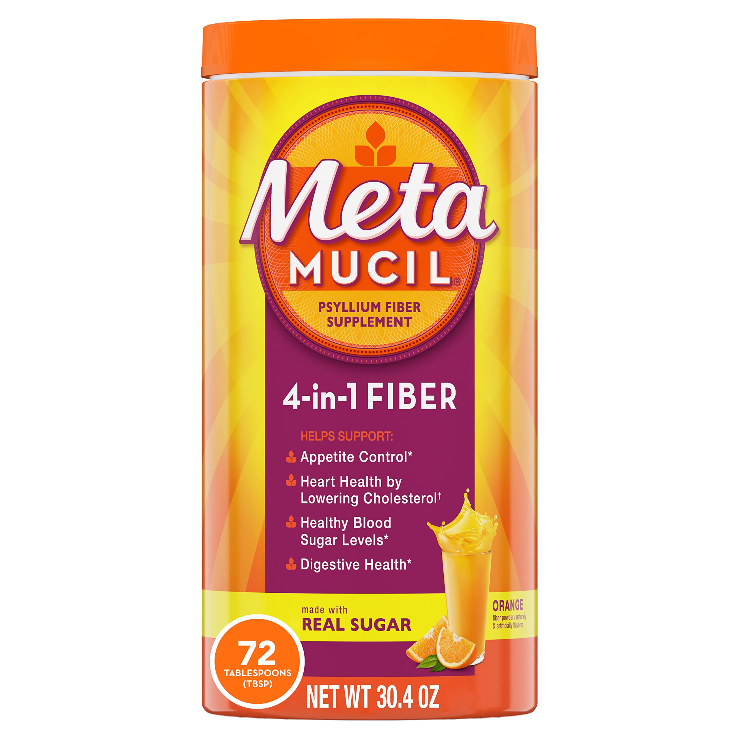 Metamucil Fiber, 4-in-1 Psyllium Fiber Supplement Powder with Real Sugar, Orange Smooth Flavored Drink, 72 Servings (Packaging May Vary), Coarse Texture, 1.9 Pound (Pack of 1)