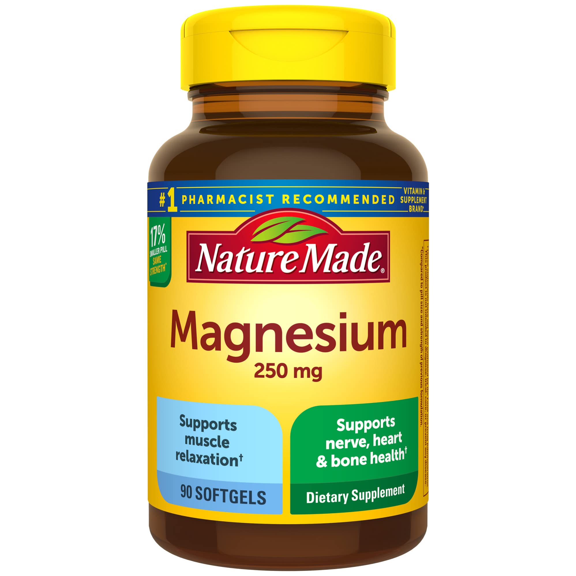 Nature Made Magnesium 250 mg, Dietary Supplement for Muscle, Heart, Bone and Nerve Support, 90 Softgels, 90 Day Supply