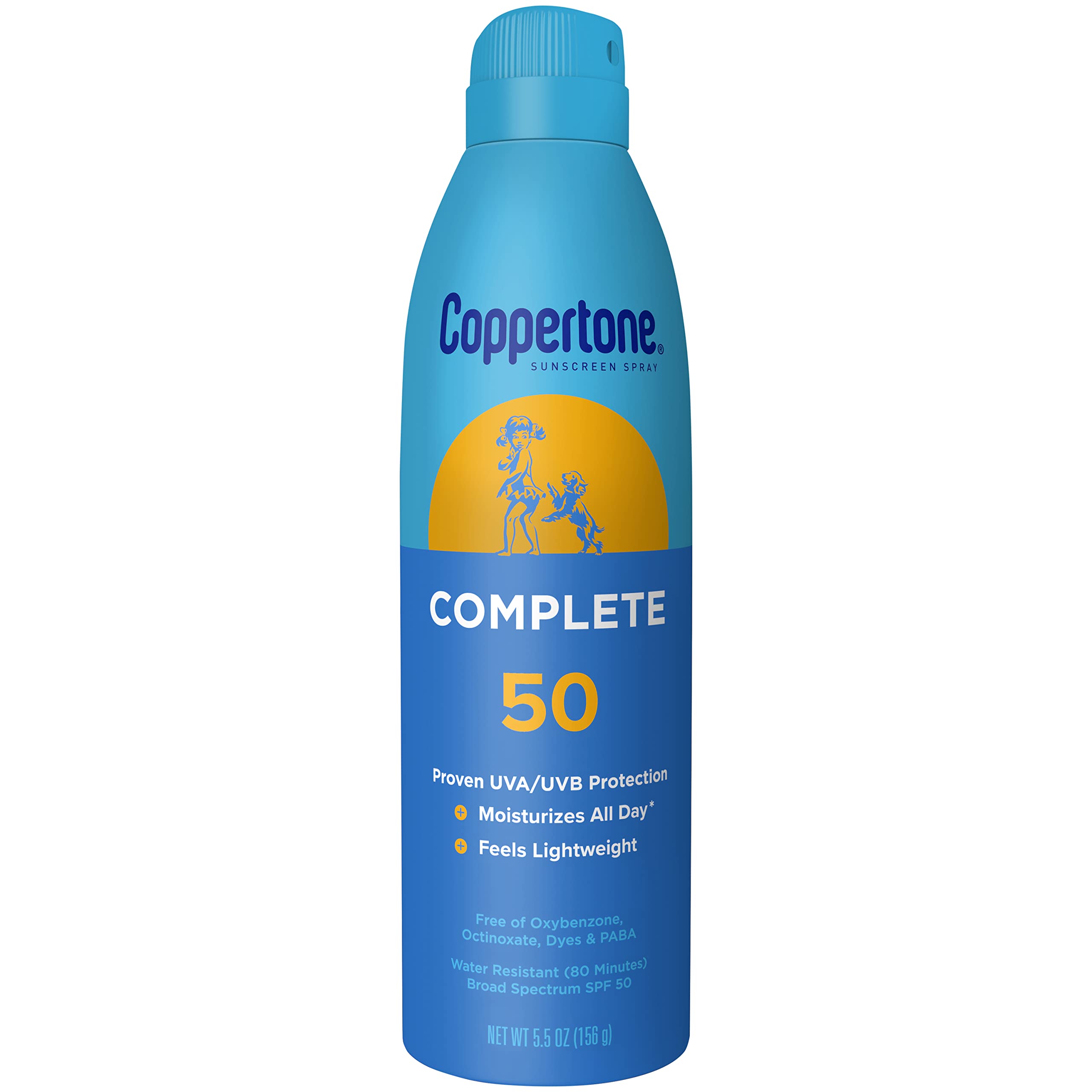 Coppertone COMPLETE SPF 50 Sunscreen Spray, Lightweight, Moisturizing Sunscreen, Water Resistant Spray Sunscreen SPF 50, 5.5 Oz Spray