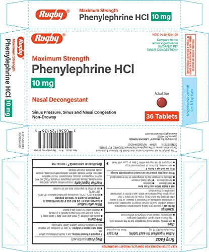 Rugby Maximum Strength PE Sinus Congestion Nasal Decongestant Phenylephrine HCl 10 mg - 36 Tablets