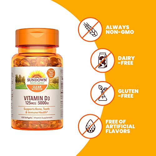 Sundown Vitamin D3 for Immune Support, Non-GMO, Dairy & Gluten-Free, No Artificial Flavors, 125mcg 5000IU Softgels, 150 Count