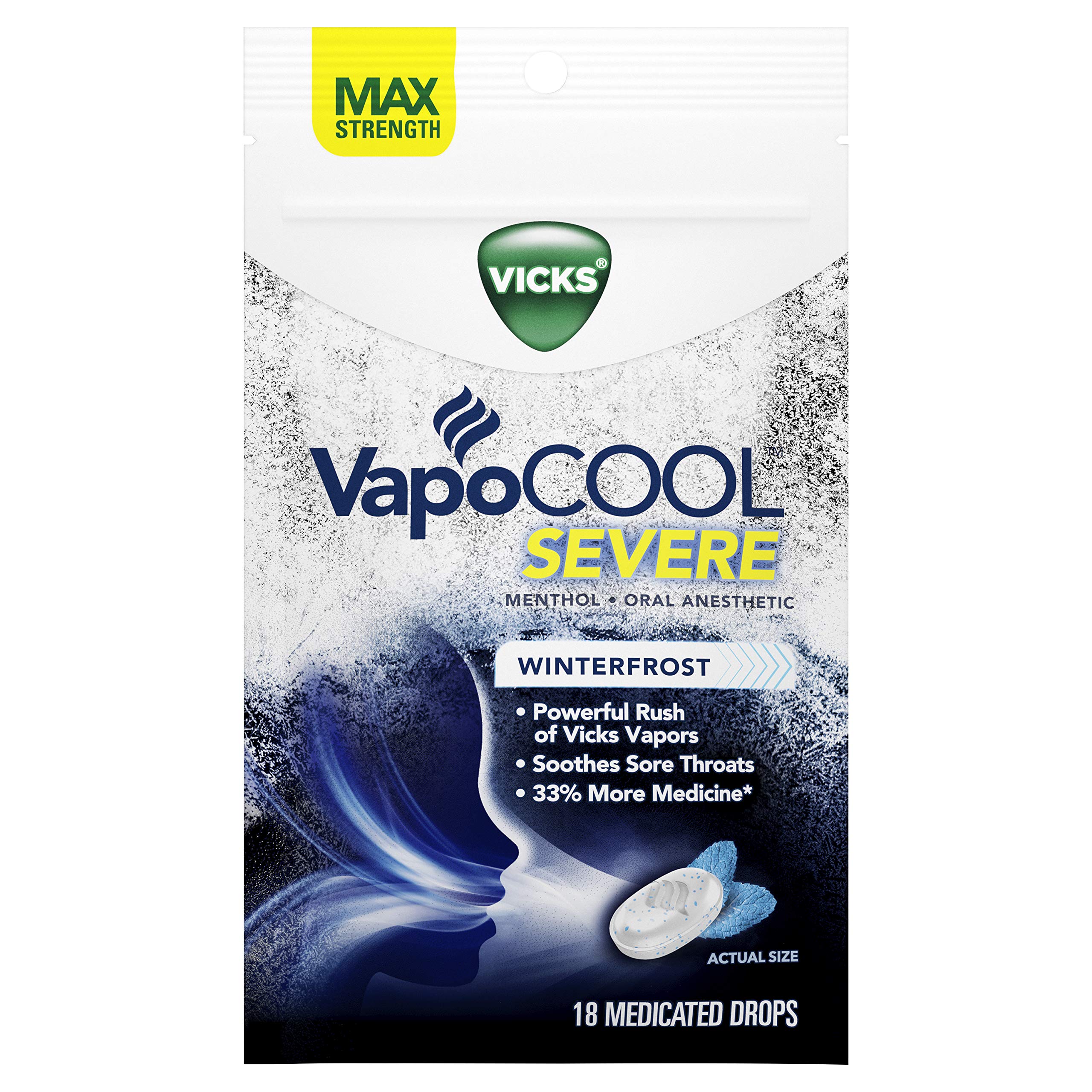 Vicks, VapoCOOL SEVERE Medicated Drops 18ct MaximumStrength Relief to Soothe Sore Throat Pain, Menthole, 18 Count