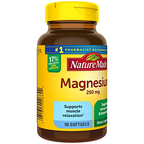 Nature Made Magnesium 250 mg, Dietary Supplement for Muscle, Heart, Bone and Nerve Support, 90 Softgels, 90 Day Supply