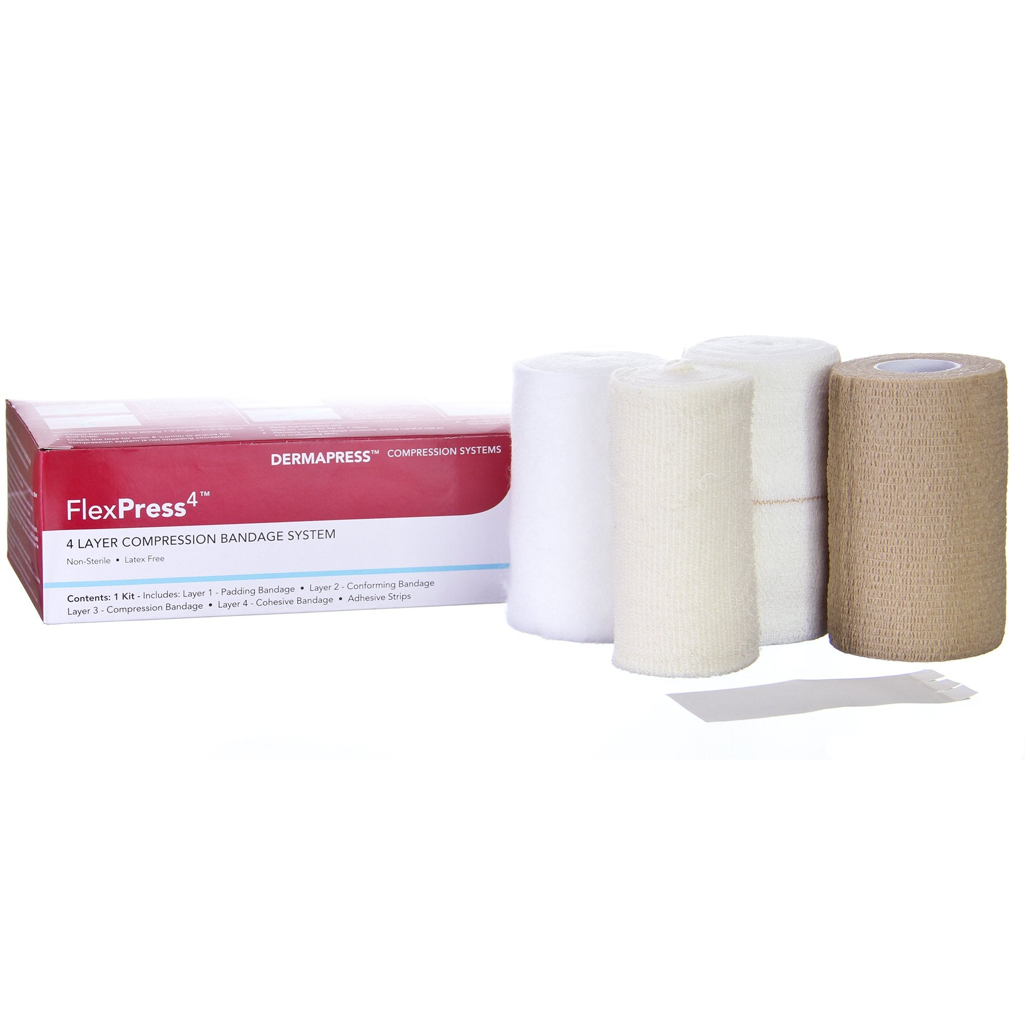 4 Layer Compression Bandage System FlexPress4 Multiple Sizes Standard Compression Self-adherent / Tape Closure Tan / White NonSterile