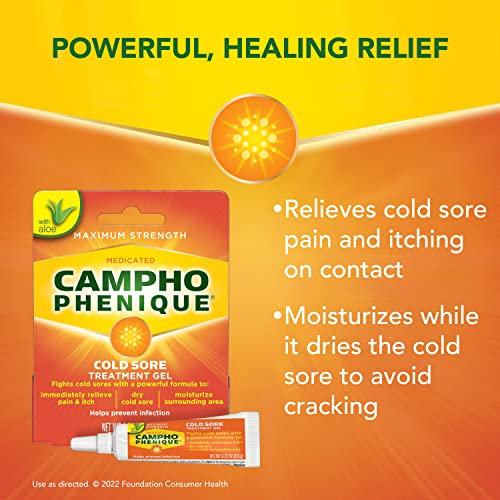 Campho Phenique Cold Sore and Fever Blister Treatment for Lips, Maximum Strength Provides Instant Relief, Helps Prevent Infection To Promote Healing, Original Gel Formula, 0.23 Oz