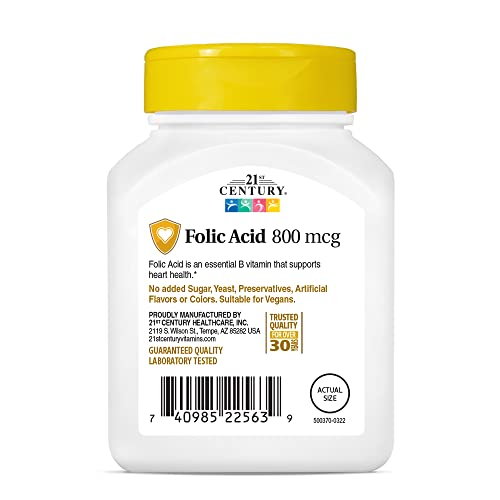 21st Century 800 mcg Folic Acid Tablets, Assorted, 180 Count