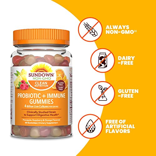 Probiotic Gummies by Sundown, with Vitamin D, Supports Digestive and Immune Health, Non-GMO, Free of Gluten, Dairy, Artificial Flavors, 60 Gummies