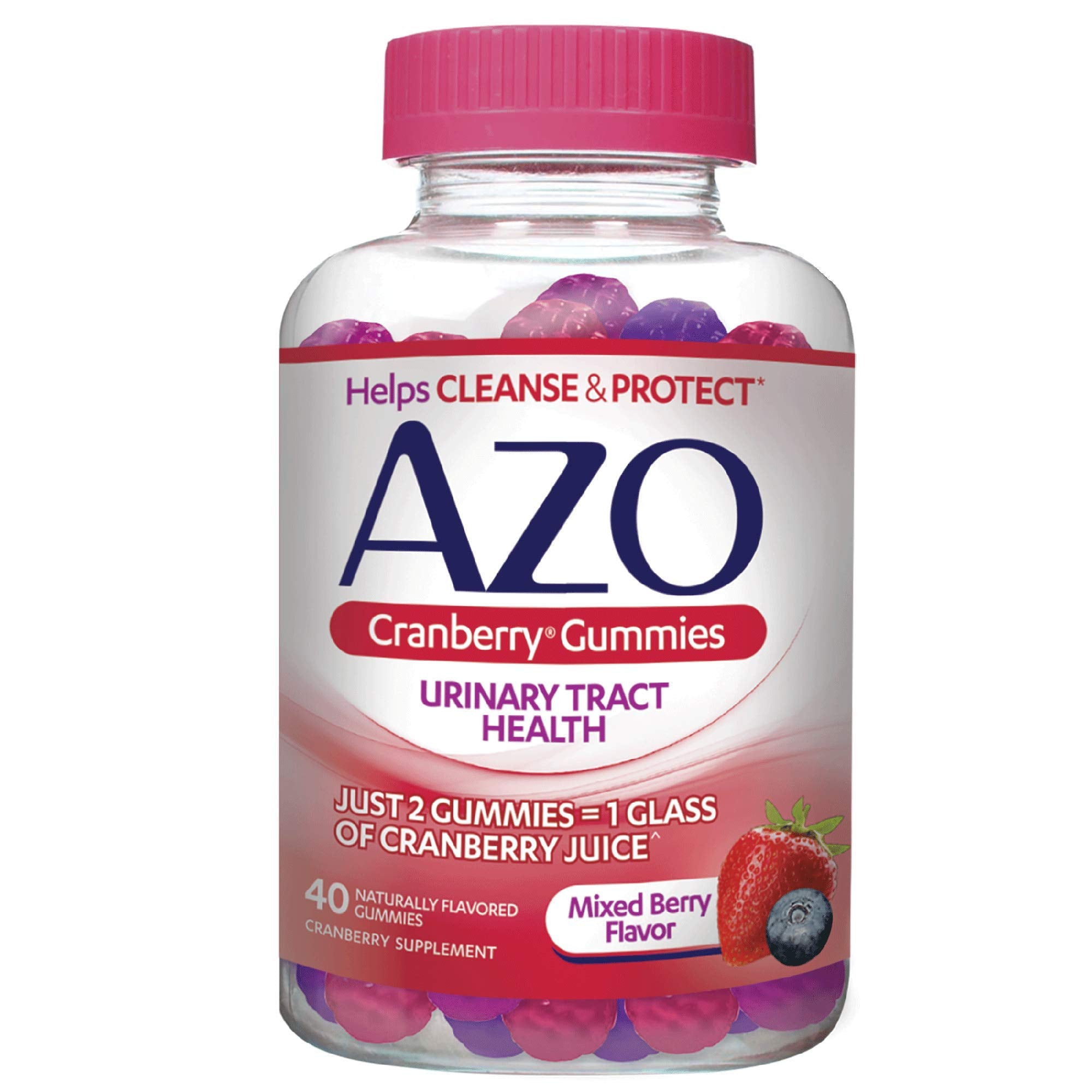 AZO Cranberry Urinary Tract Health Gummies Dietary Supplement 2 Gummies = Glass Cranberry Juice Helps Cleanse Protect Natural Mixed Berry Flavor Gummies, Non-GMO, 40 Count