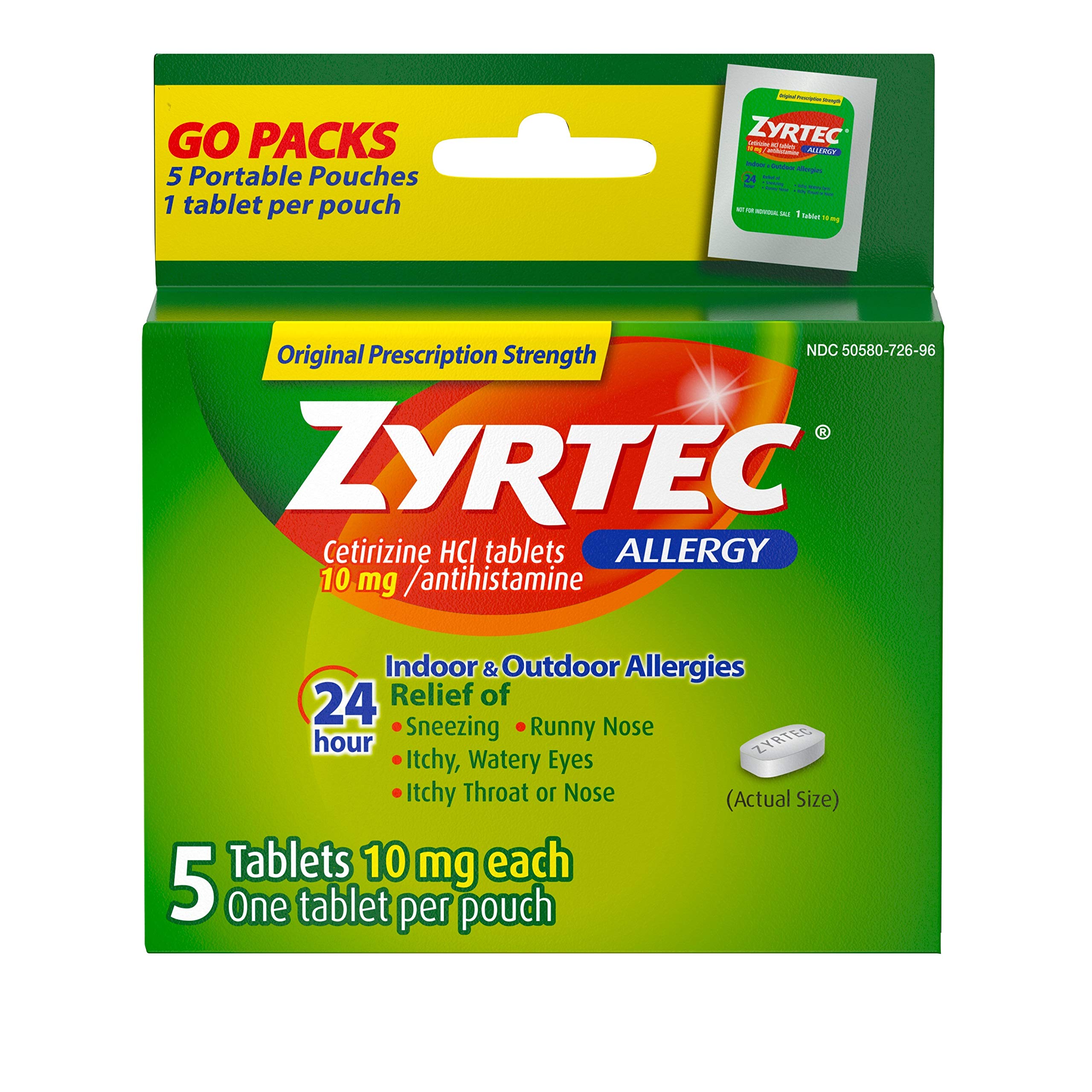 Zyrtec 24 Hour Allergy Relief Tablets, 10 mg Antihistamine with Cetirizine HCl, 5 ct
