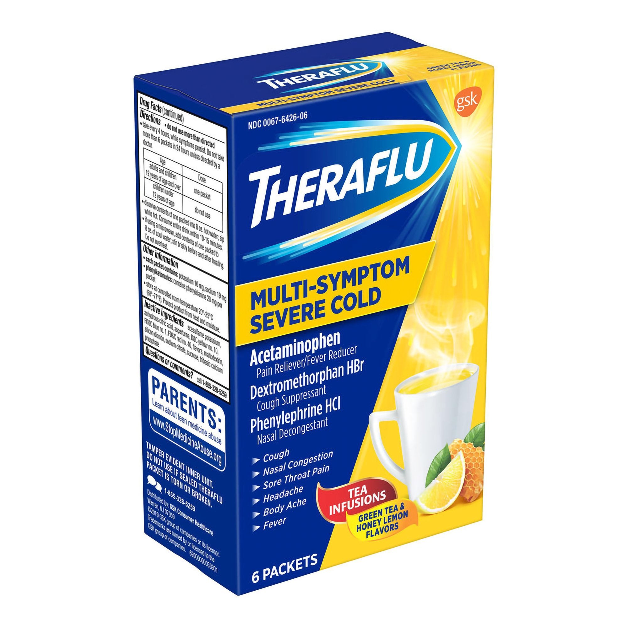 Cold and Cough Relief Theraflu Multi-Symptom Severe Cold 500 mg - 20 mg - 10 mg Strength Powder 6 per Box