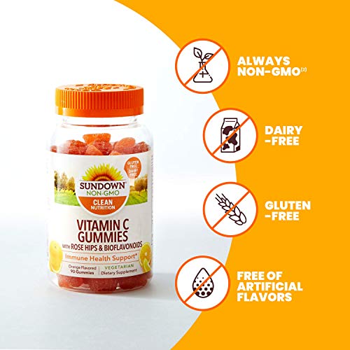 Sundown Vitamin C Gummies with Rosehips, Citrus Bioflavonoids, Non-GMO, Dairy-Free, Gluten-Free, Vegetarian, 90 Count