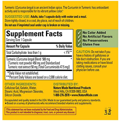 Nature Made Turmeric Curcumin 500 mg, Herbal Supplement for Antioxidant Support, 60 Capsules, 60 Day Supply