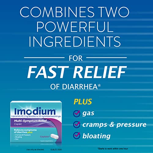 Imodium Multi-Symptom Relief Caplets with Loperamide Hydrochloride and Simethicone, Anti-Diarrheal Medicine for Treatment of Diarrhea, Gas, Bloating, Cramps & Pressure, 18 ct