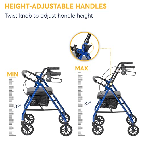 Drive Medical Aluminum Rollator Walker Fold Up and Removable Back Support, Padded Seat, 6" Wheels, Blue