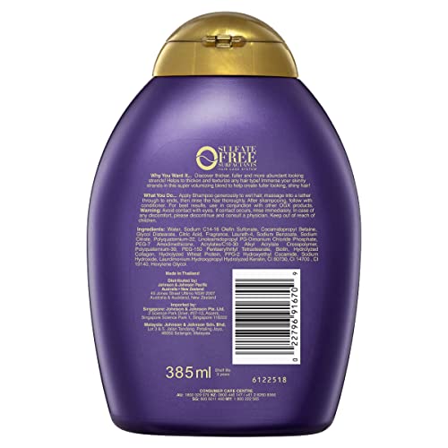 OGX Thick & Full + Biotin & Collagen Volumizing Shampoo for Thin Hair, Thickening Shampoo with Vitamin B7 & Hydrolyzed Wheat Protein, Paraben-Free, Sulfate-Free Surfactants, 13 fl oz