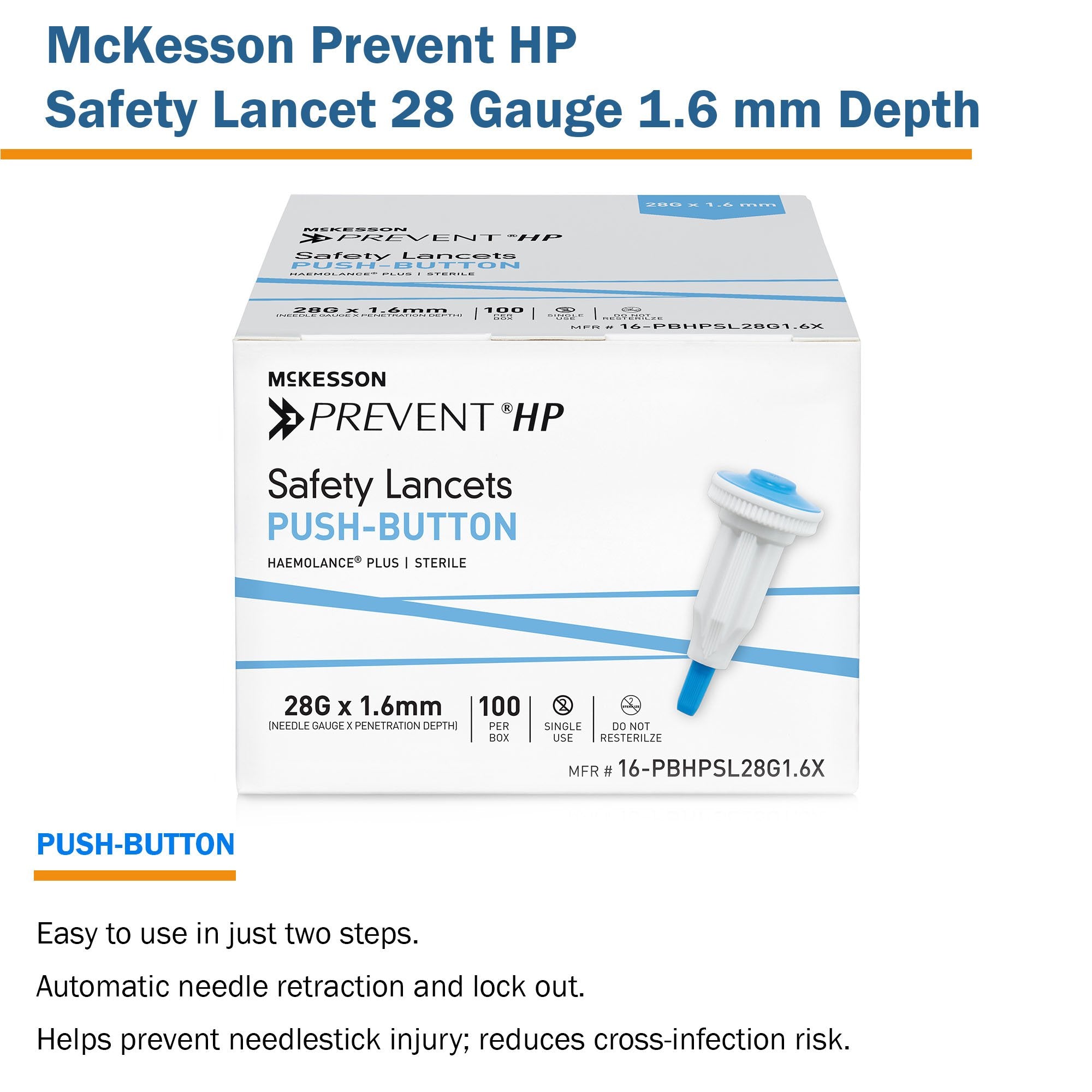 Safety Lancet McKesson Prevent HP 28 Gauge Retractable Push Button Activation Finger