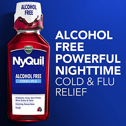 Vicks NyQuil ALCOHOL FREE Cold & Flu Relief Liquid Medicine, Powerful Multi-Symptom Nighttime Relief For Headache, Fever, Sore Throat, Sneezing, Runny Nose And Cough, Berry Flavor, 12 FL OZ