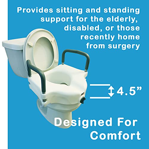 Carex 4.5 Inch Raised Toilet Seat with Arms - For Elongated Toilets, Elevated Toilet Riser with Removable Padded Handles, Easy On and Off, 300lb Weight Capacity, White