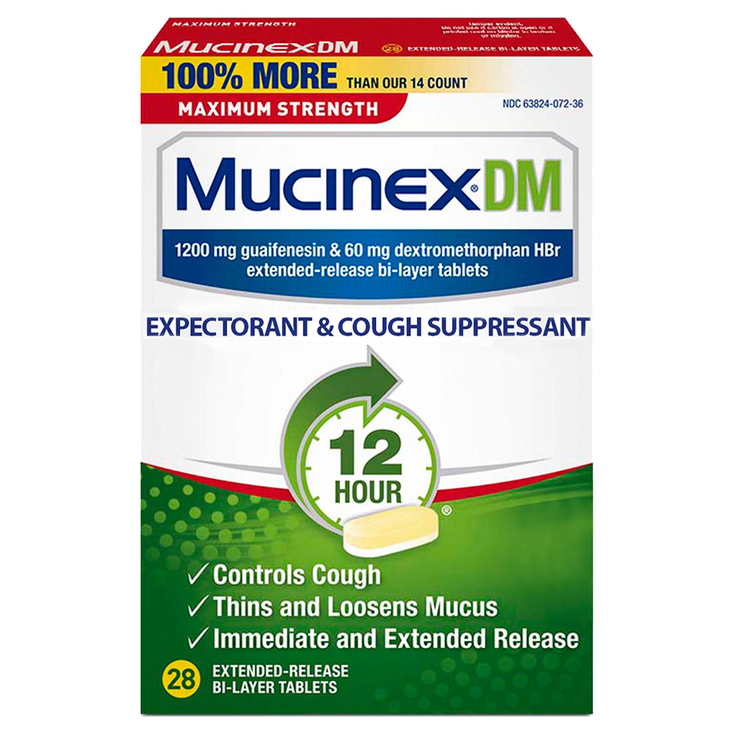 Cough Suppressant and Expectorant, Mucinex DM Maximum Strength 12 Hour Tablets, 28ct, 1200 mg Guaifenesin, Relieves Chest Congestion, Quiets Wet and Dry Cough, #1 Doctor Recommended OTC expectorant