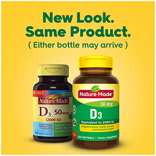 Nature Made Vitamin D3 2000 IU (50 mcg), Dietary Supplement for Bone, Teeth, Muscle and Immune Health Support, 250 Softgels, 250 Day Supply