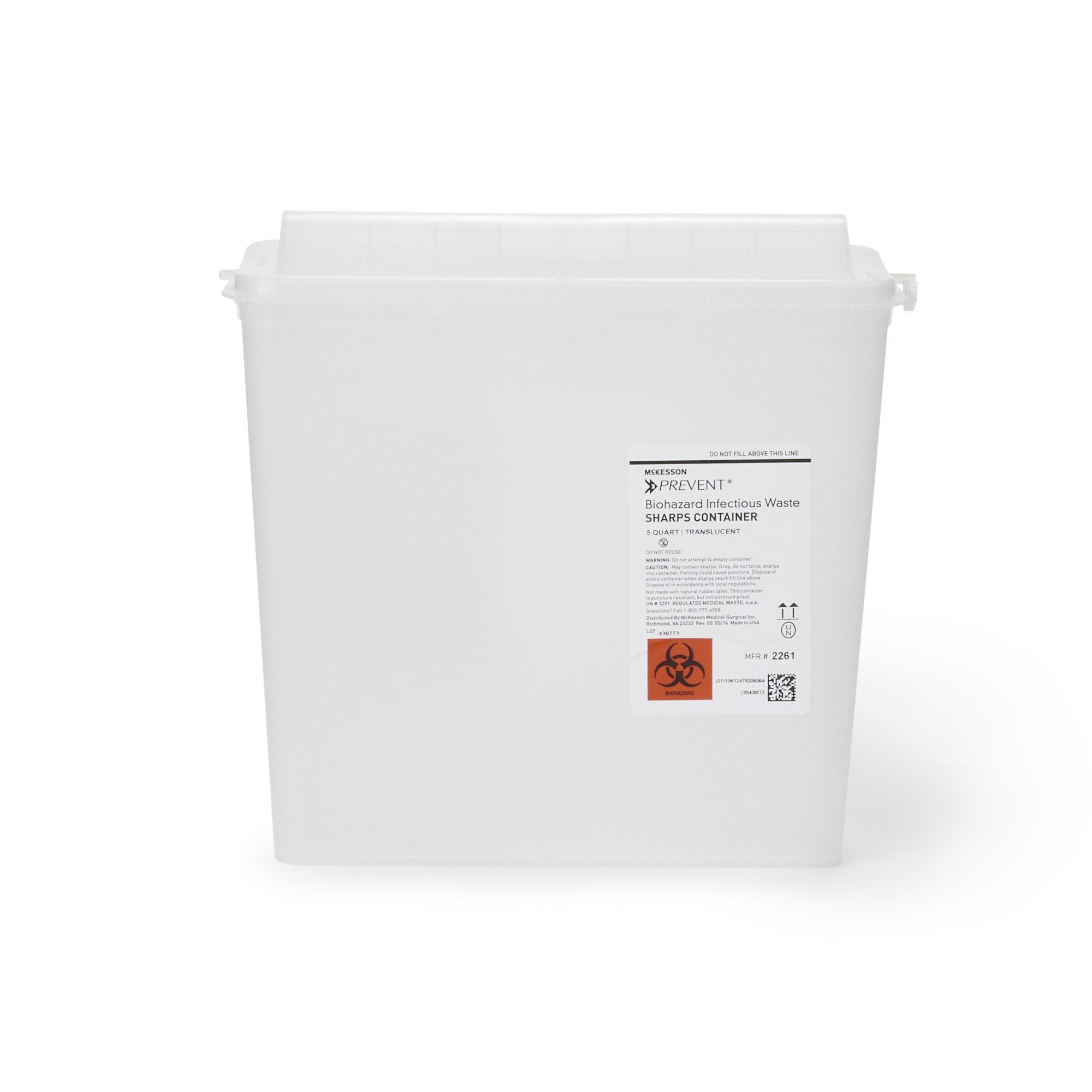 Sharps Container McKesson Prevent Translucent Base 10-3/4 H X 10-1/2 W X 4-3/4 D Inch Horizontal Entry 1.25 Gallon