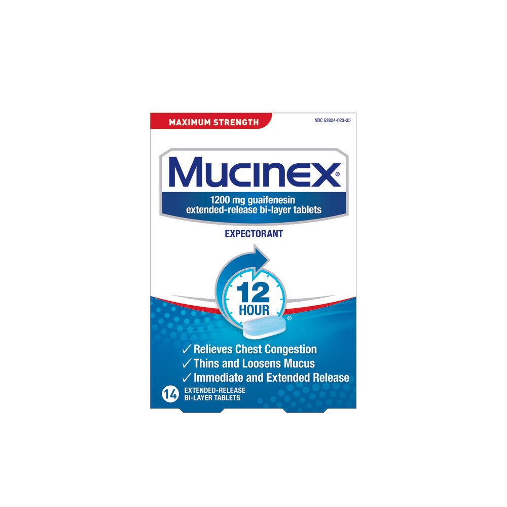 Chest Congestion, Mucinex Maximum Strength 12 Hour Extended Release Tablets, 14ct, 1200 mg Guaifenesin with extended relief of chest congestion caused by excess mucus, thins and loosens mucus