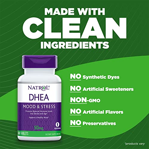 Natrol DHEA Tablets, Promotes Balanced Hormone Levels, Supports a Healthy Mood, Supports Overall Health, Helps Promote Healthy Aging, HPLC Verified, 50mg, 60 Count