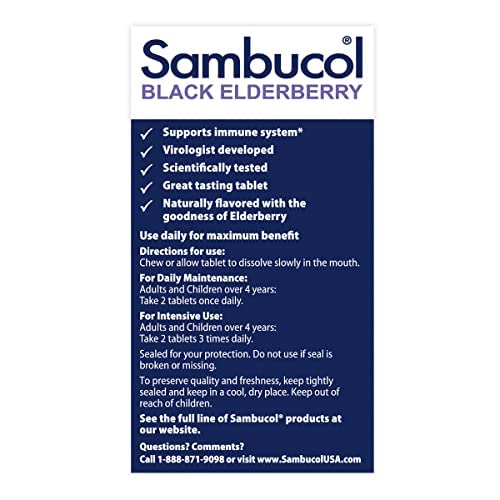 Sambucol Black Elderberry Chewable Tablets - Added Vitamin C, Chewable Elderberry Kids & Adults Tablets, Supports Immunity, Black Elderberry Tablets, Chewable Elderberry, Gluten Free, Vegan - 60 Count