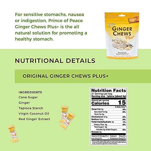 Prince of Peace Ginger Chew Plus+ Original, 3 oz. Bag  Digestive Aid, Relief, Healthy Candy, Stomach Aid