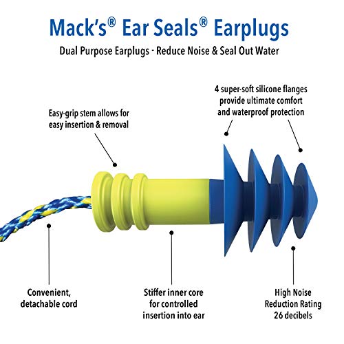 Macks Ear Seals Earplugs, 1 Pair with Detachable Cord - 26db High NRR - Dual Purpose Comfortable Ear Plugs for Noise Reduction and Blocking Water