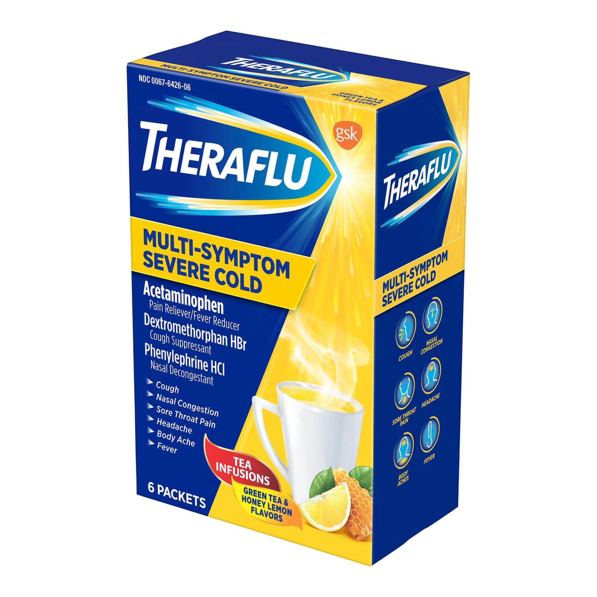 Cold and Cough Relief Theraflu Multi-Symptom Severe Cold 500 mg - 20 mg - 10 mg Strength Powder 6 per Box