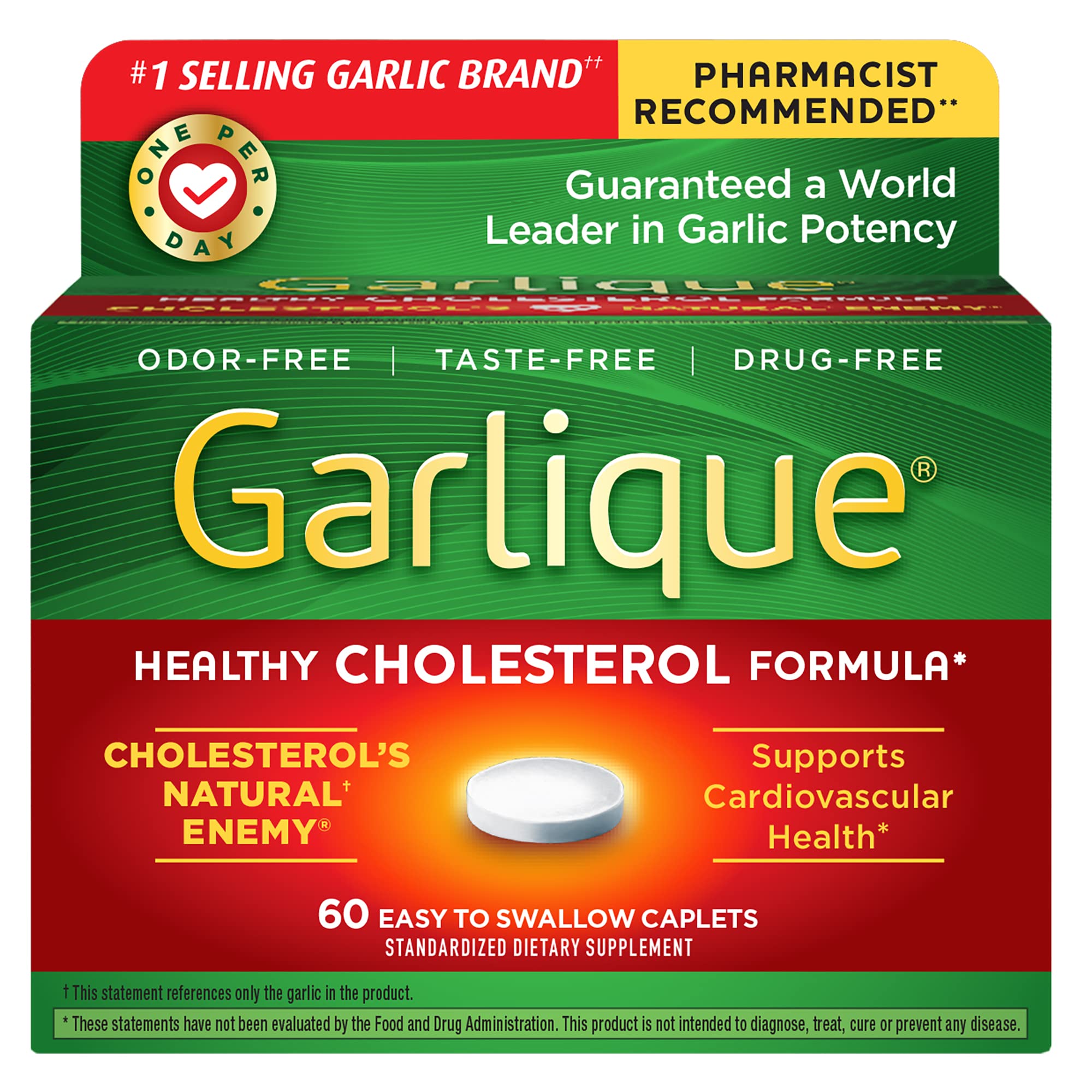 Garlique Garlic Extract Supplement, Healthy Cholesterol Formula, Odorless & Vegan, 60 Caplets