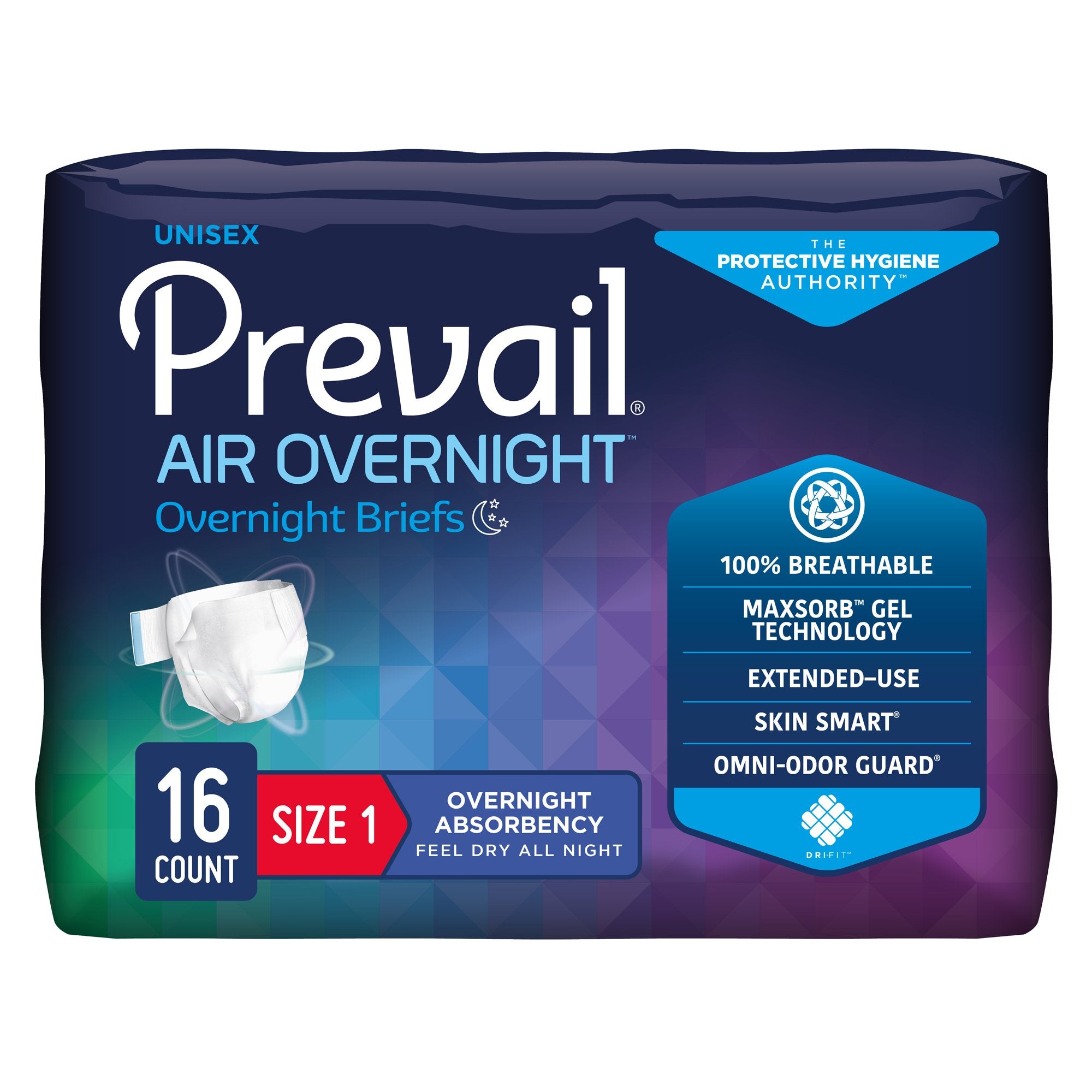 Unisex Adult Incontinence Brief Prevail Air Overnight Size 1 Disposable Heavy Absorbency