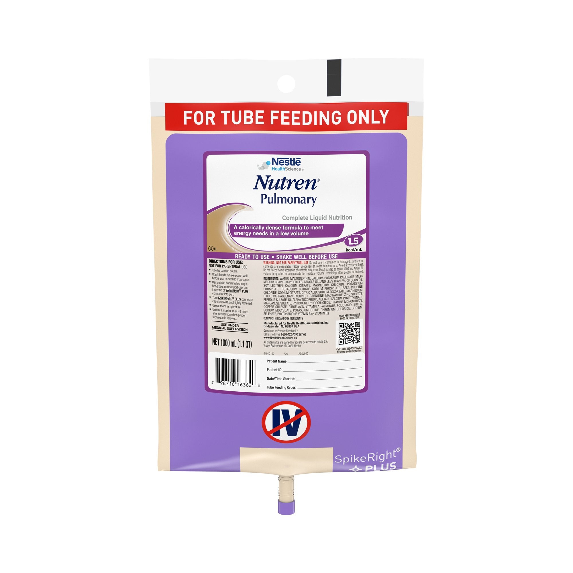 Tube Feeding Formula Nutren Pulmonary Unflavored Liquid 33.8 oz. Bag