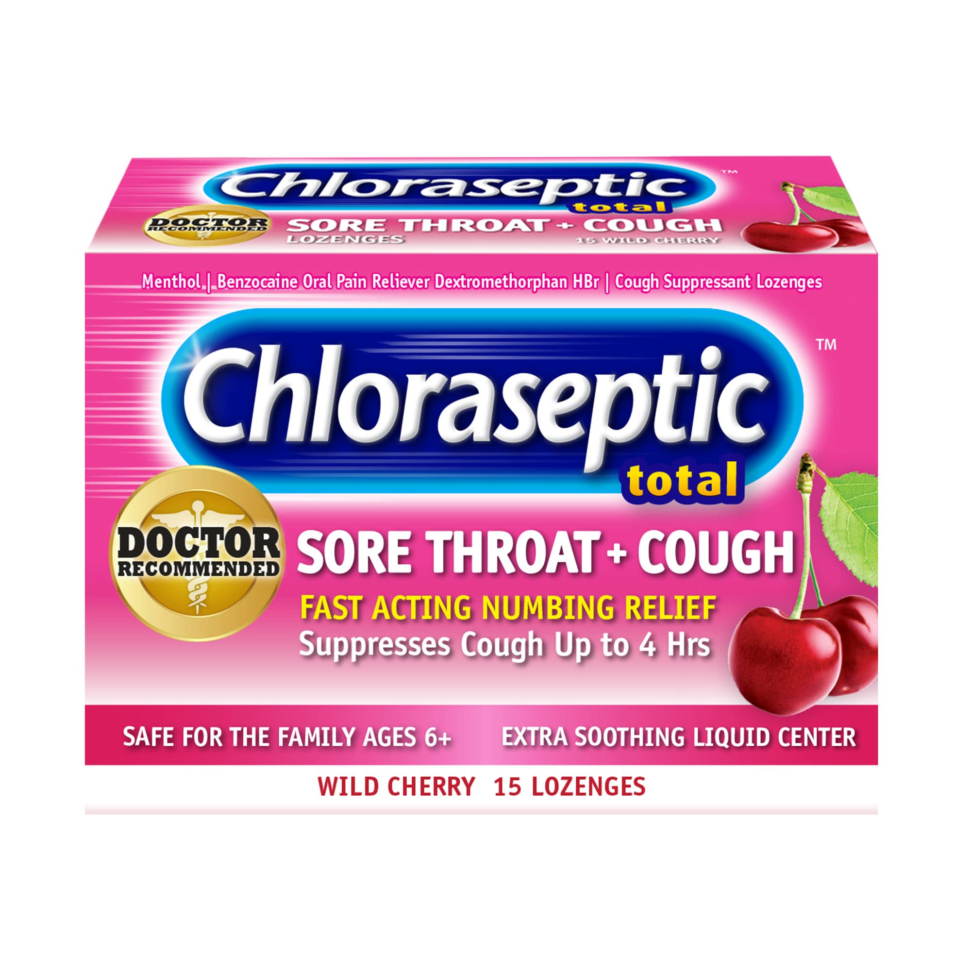 Chloraseptic Total Sore Throat + Cough Lozenges, Wild Cherry, 15 Count, 1 Pack
