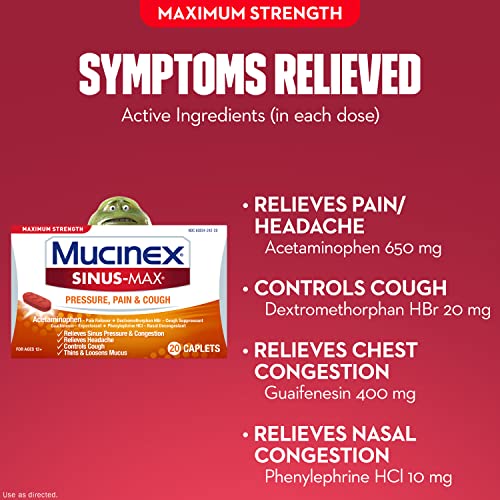 Maximum Strength Mucinex Sinus-Max Pressure, Pain & Cough Caplets, 20 ct, Relieves Minor Aches and Pains, Headache, Chest Congestion, Nasal Congestion, Sinus Pressure, and Controls Cough