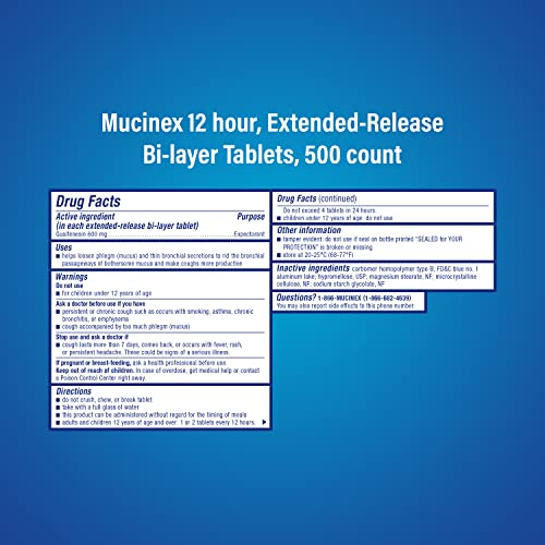 Chest Congestion, Mucinex 12 Hour Extended Release Tablets, 500 count bottle, 600 mg Guaifenesin Relieves Chest Congestion Caused by Excess Mucus, #1 Doctor Recommended OTC expectorant