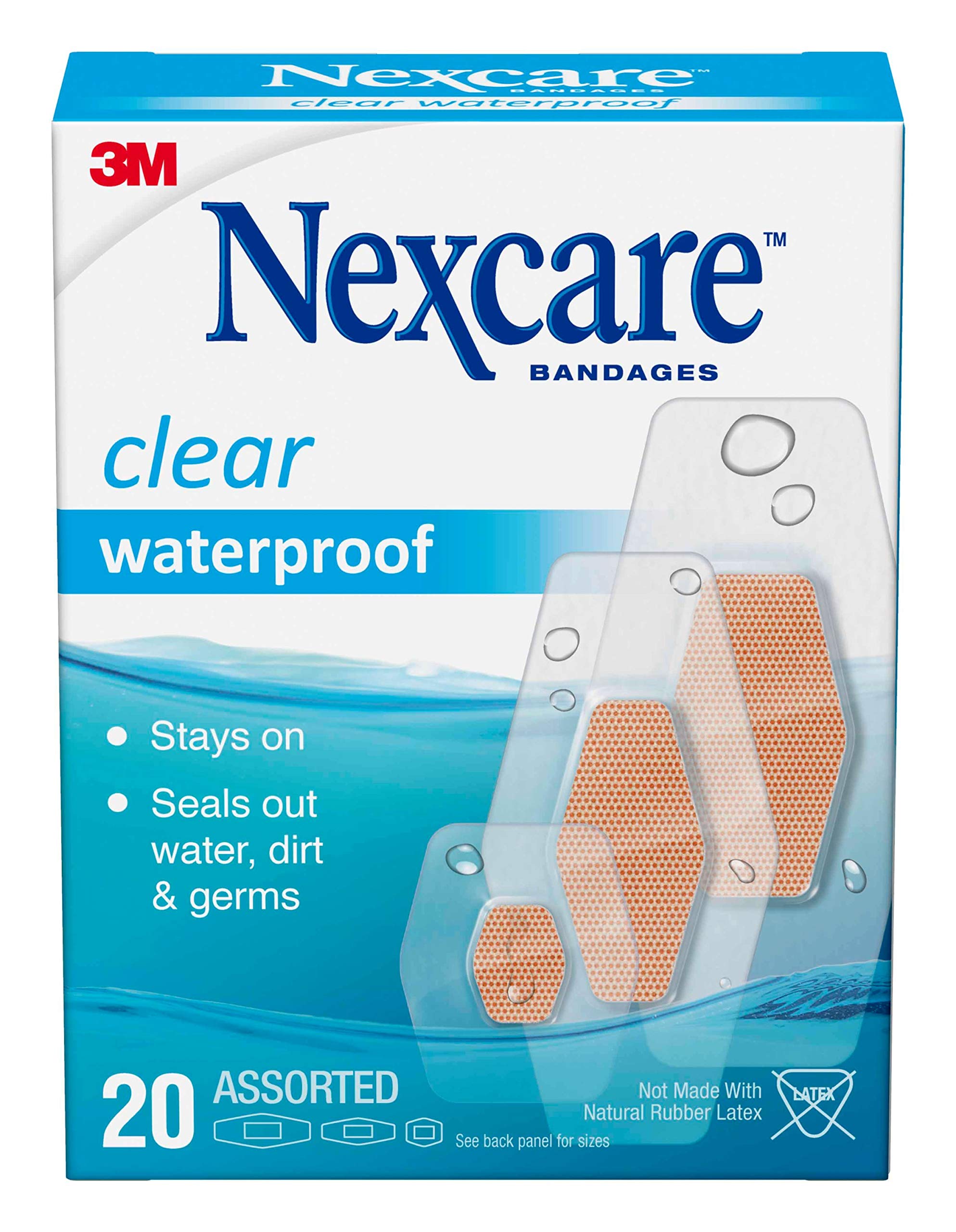 Nexcare Waterproof Clear Bandages, Covers And Protects, Designed To Stay On In Wet Conditions And Keep The Water Out, Assorted Sizes, 20 Count