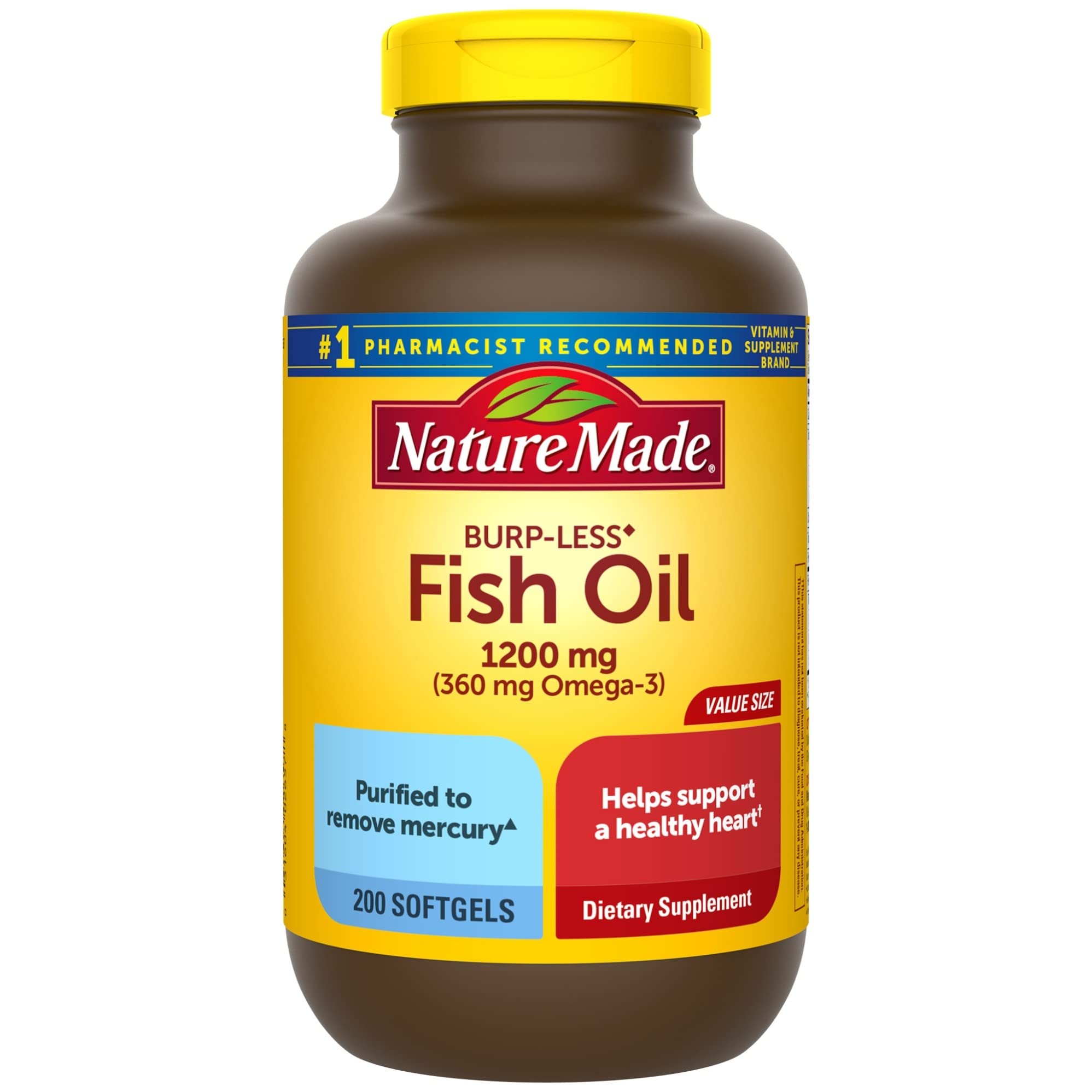 Nature Made Burp Less Fish Oil 1200 mg, Fish Oil Supplements, Omega 3 Fish Oil for Healthy Heart Support, Omega 3 Supplement with 200 Softgels, 100 Day Supply
