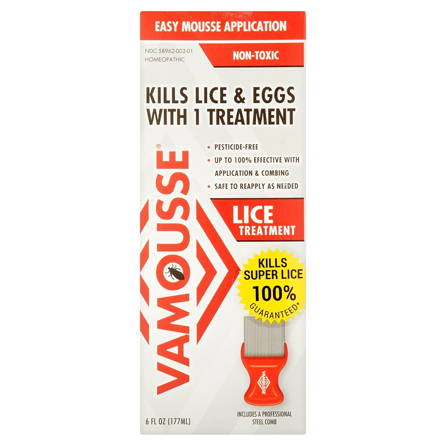 Vamousse Lice Treatment Mousse (6 fl oz), Pesticide-free, Clinically Proven to Kill Super Lice & Eggs, Easy to Apply & Rinse and Includes Reusable Steel Comb