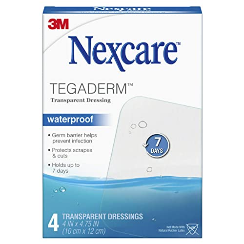 Nexcare Tegaderm Waterproof Transparent Dressing, Dirtproof, Germproof, Provides Protection To Minor Burns, Scrapes, Cuts, Blisters And Abrasions, 4 x 4.75 in, 4 Count