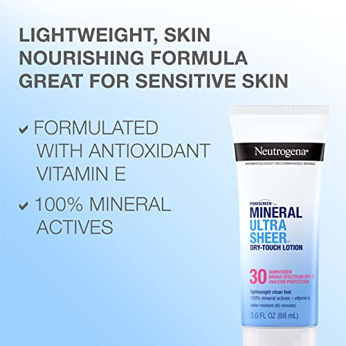 Neutrogena Mineral UltraSheer Dry-Touch SPF 30 Sunscreen Lotion, Water-Resistant Broad-Spectrum UVA/UVB Protection, Skin Nourishing, Lightweight With Vitamin E, Oxybenzone-Free, 3.0 fl. oz