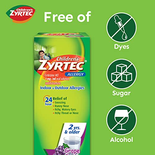 Zyrtec 24 Hr Children's Allergy Syrup with Cetirizine, Dye & Sugar-Free, Grape Flavor, 4 fl. oz