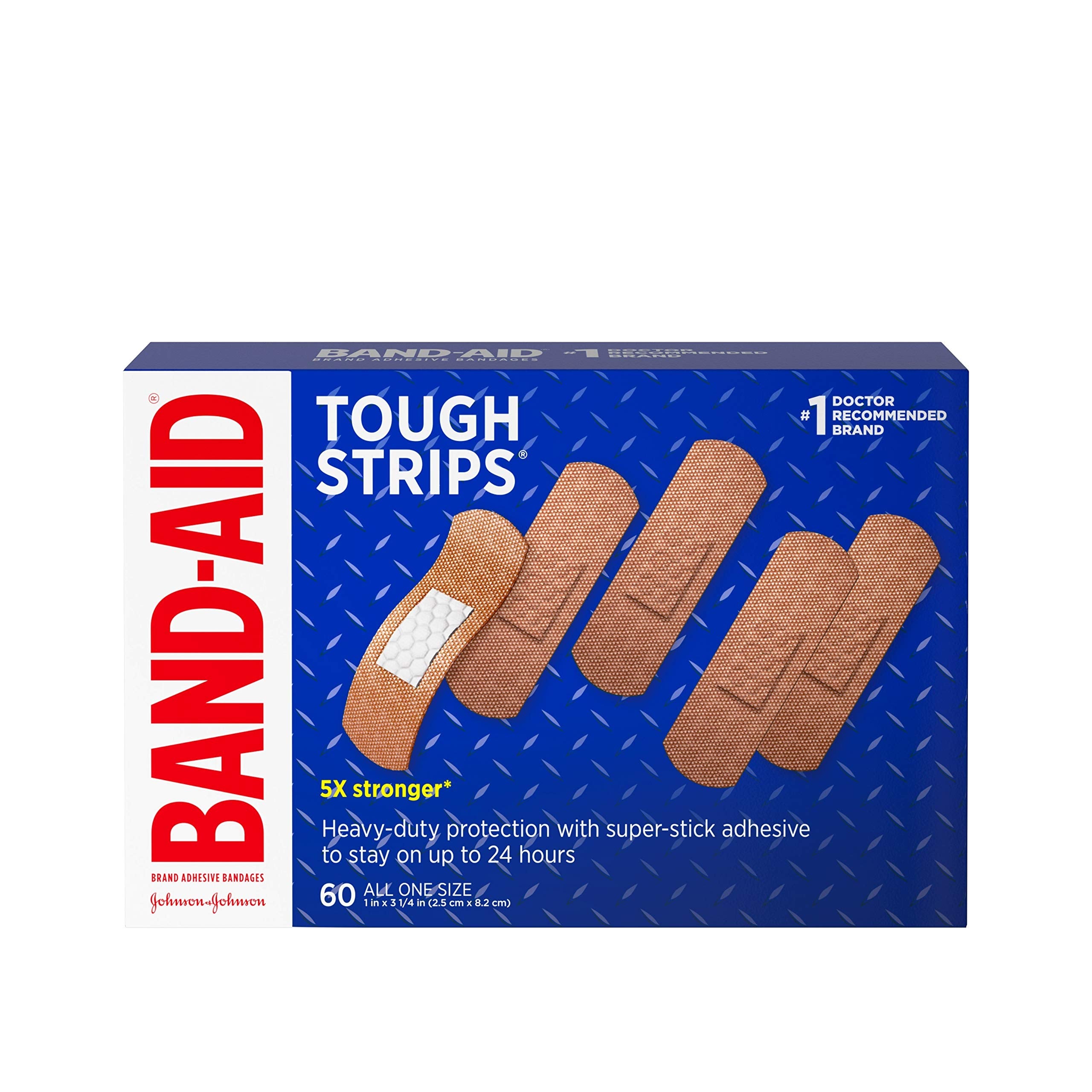 Band-Aid Brand Tough Strips Adhesive Bandages for Wound Care, Durable Protection for Minor Cuts and Scrapes, All One Size, 60 ct