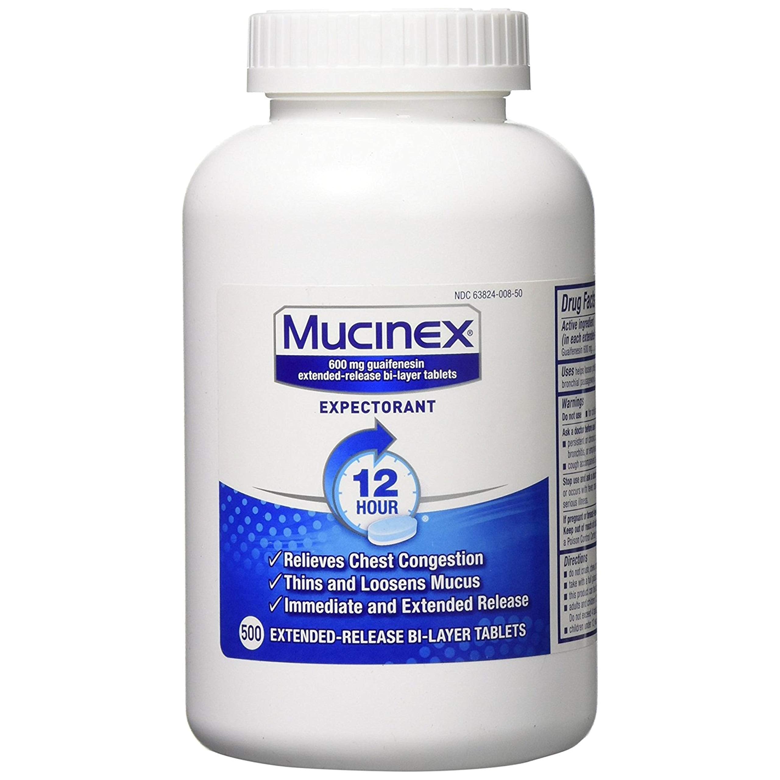 Chest Congestion, Mucinex 12 Hour Extended Release Tablets, 500 count bottle, 600 mg Guaifenesin Relieves Chest Congestion Caused by Excess Mucus, #1 Doctor Recommended OTC expectorant