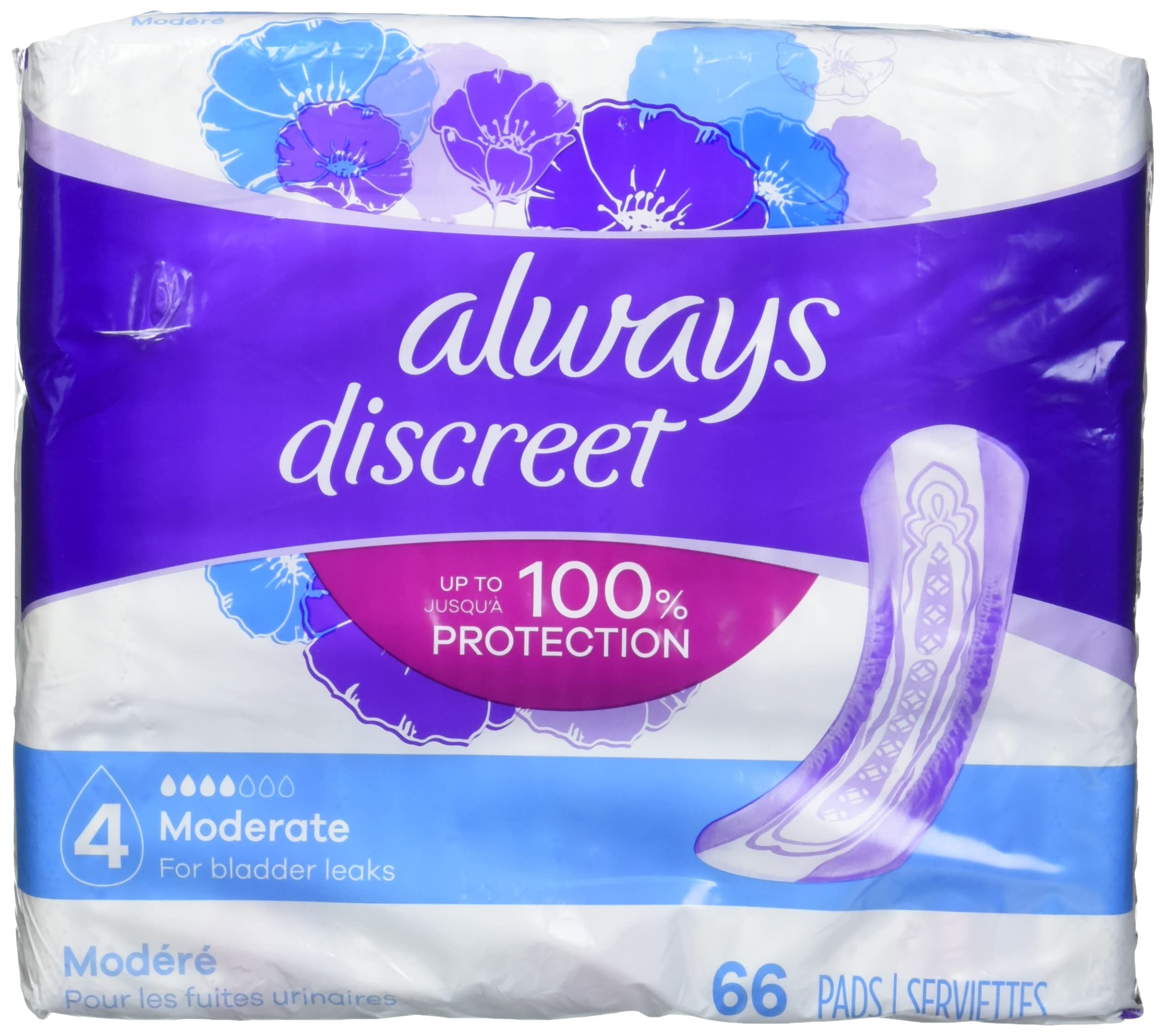 Always Discreet Moderate Incontinence Pads, Up to 100% Leak-Free Protection, 66 Count
