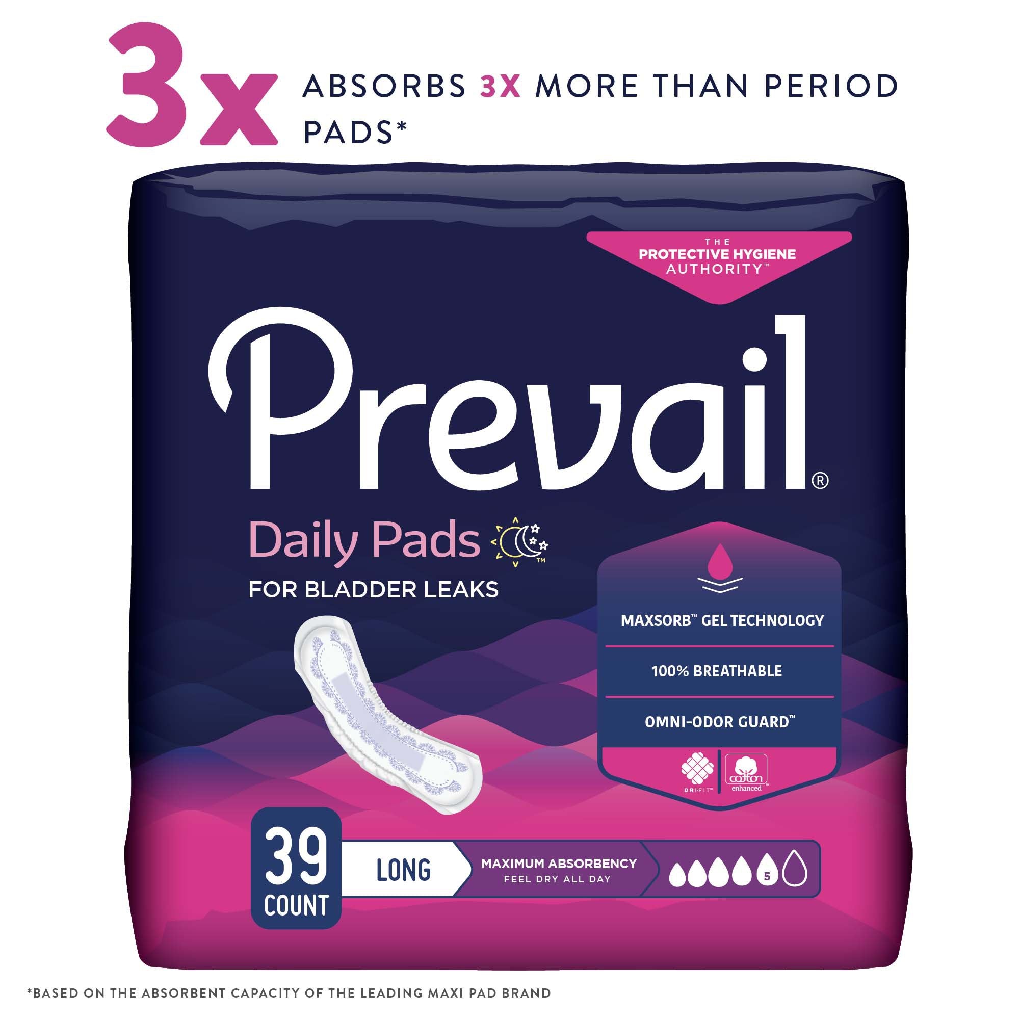Bladder Control Pad Prevail Daily Pads 13 Inch Length Heavy Absorbency Polymer Core One Size Fits Most
